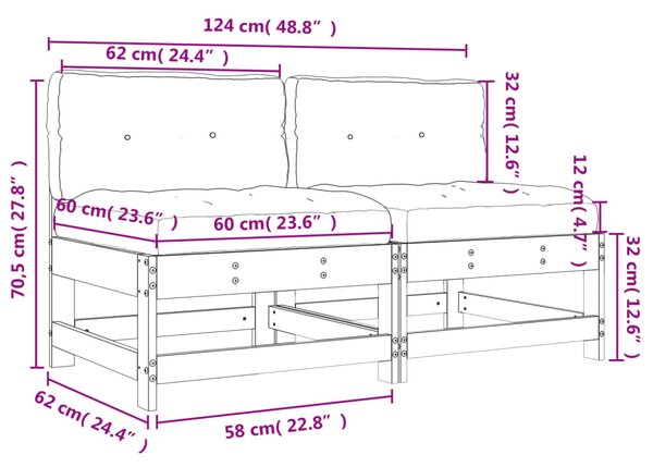 VidaXL Καναπέδες Μεσαίοι με Μαξιλάρια 2 τεμ. Μαύροι Μασίφ Ξύλο Πεύκου