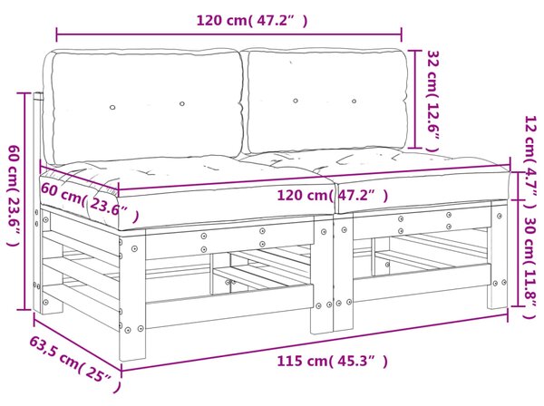 VidaXL Καναπέδες Μεσαίοι με Μαξιλάρια 2 τεμ. Μαύροι Μασίφ Ξύλο Πεύκου