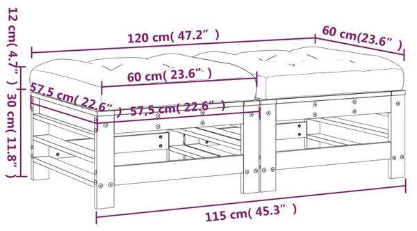VidaXL Υποπόδια Κήπου με Μαξιλάρια 2 τεμ. Μαύρα από Μασίφ Ξύλο Πεύκου