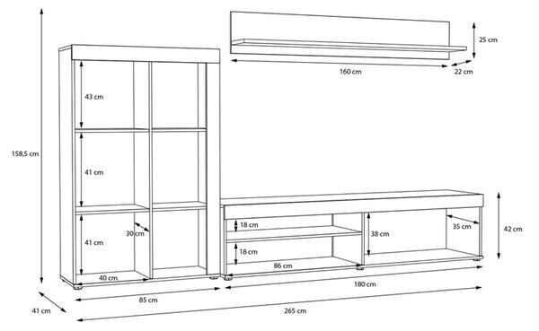 Σύνθετο σαλονιού Zorbi pakoworld λευκό-sonoma oak μελαμίνης 265x41x158.5εκ