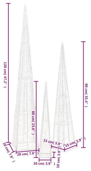 VidaXL Κώνοι Διακοσμητικοί LED Ακρυλικοί Σετ Θερμό Λευκό 60/90/120 εκ