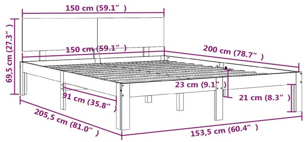 VidaXL Πλαίσιο Κρεβατιού Γκρι 150 x 200 εκ. Μασίφ Ξύλο King Size