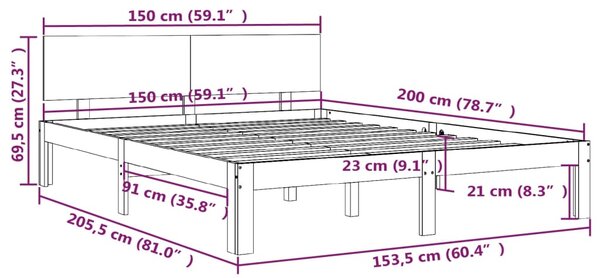 VidaXL Πλαίσιο Κρεβατιού Μαύρο 150 x 200 εκ. Μασίφ Ξύλο King Size