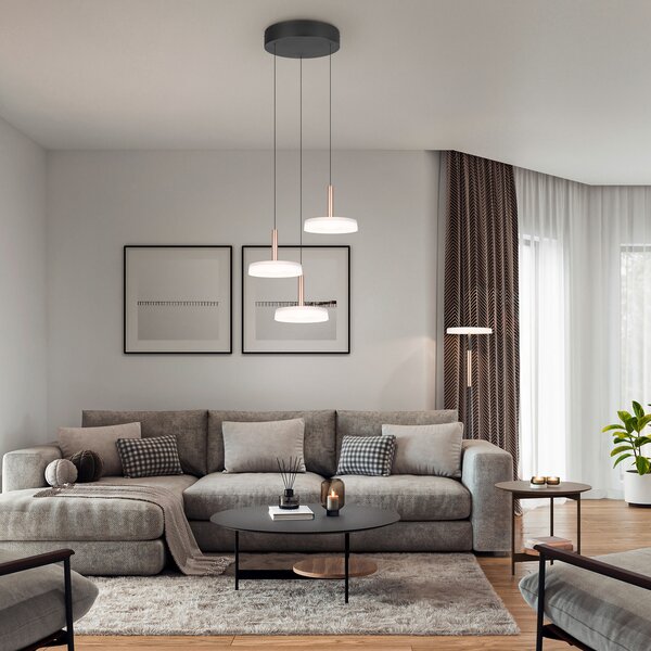 Trio Lighting LED κρεμαστό φωτιστικό Celeste, λευκό/καφέ, Ø 35 cm 3-light glass dim, ρυθμιζόμενος, Λευκό, Σαλόνι / τραπεζαρία, Γυαλί, σύγχρονο
