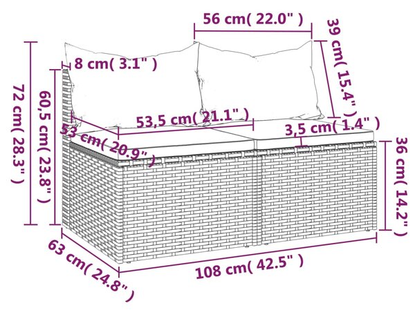 VidaXL Καναπέδες Κήπου Μεσαίοι 2 τεμ. Μαύροι Συνθ. Ρατάν με Μαξιλάρια