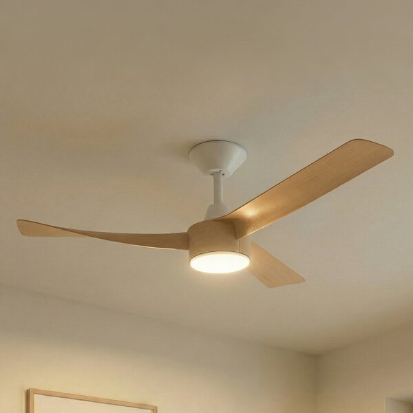 Lucande Ανεμιστήρας οροφής LED Airona, λευκό/ξύλο, DC, αθόρυβος, με δυνατότητα, ρυθμιζόμενος, Ξύλου, Σαλόνι / τραπεζαρία, Πλαστικό, σύγχρονο