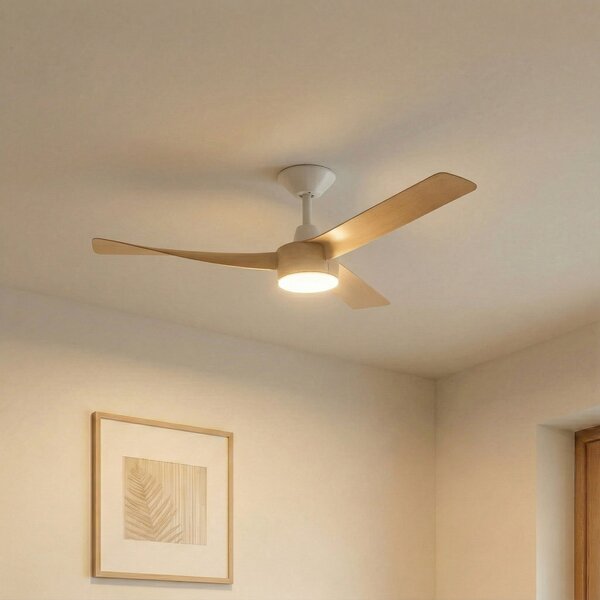 Lucande Ανεμιστήρας οροφής LED Airona, λευκό/ξύλο, DC, αθόρυβος, με δυνατότητα, ρυθμιζόμενος, Ξύλου, Σαλόνι / τραπεζαρία, Πλαστικό, σύγχρονο