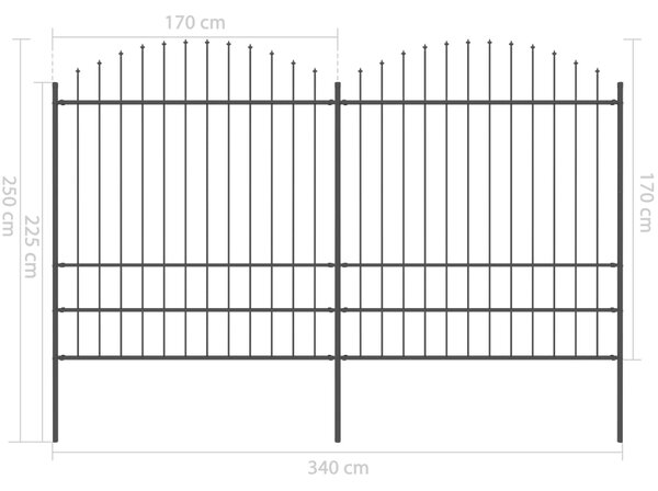 VidaXL Κάγκελα Περίφραξης με Λόγχες Μαύρα (1,75-2) x 3,4 μ. Ατσάλινα