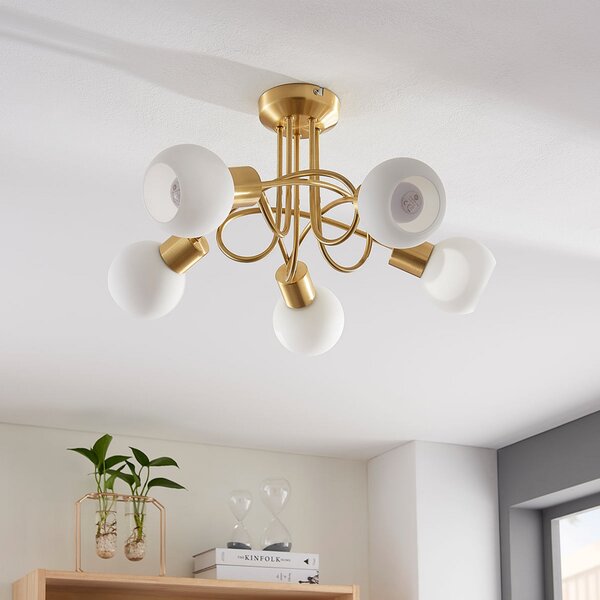 Lindby φωτιστικό οροφής Elaina, Ø50cm, 5-φωτο, ορείχαλκος, γυαλί, E14, ρυθμιζόμενος, Χρυσό / Ορείχαλκου, Σαλόνι / τραπεζαρία, Γυαλί, σύγχρονο