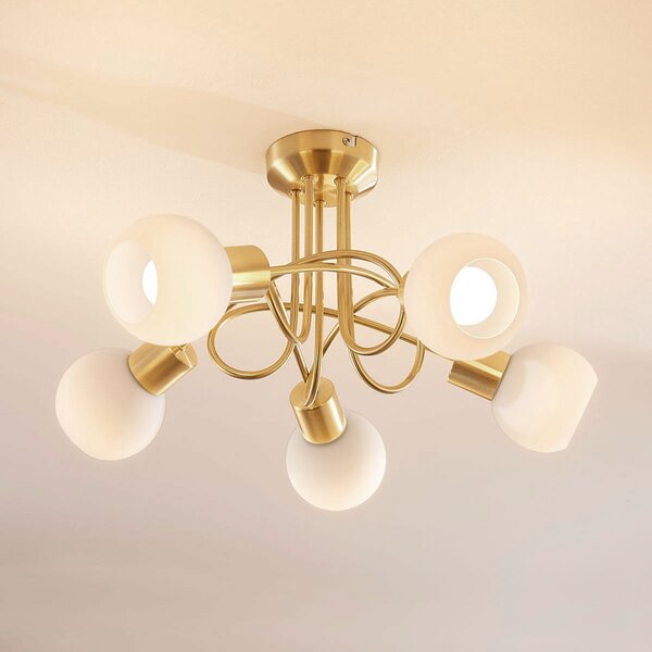 Lindby φωτιστικό οροφής Elaina, Ø50cm, 5-φωτο, ορείχαλκος, γυαλί, E14, ρυθμιζόμενος, Χρυσό / Ορείχαλκου, Σαλόνι / τραπεζαρία, Γυαλί, σύγχρονο