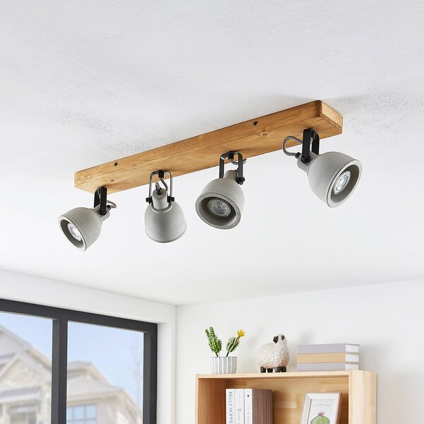 Lindby Spot Mitis, 70 cm, 4-φωτο, γκρι, ξύλο, μπετόν, GU10, ρυθμιζόμενος, Ξύλου, Σαλόνι / τραπεζαρία, Ξύλο, Βιομηχανικός σχεδιασμός