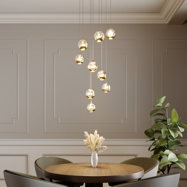 Lucande LED κρεμαστό φωτιστικό Hayley, Ø 40 cm, 9-φωτο, χρυσό, γυαλί, Χρυσό / Ορείχαλκου, Σαλόνι / τραπεζαρία, Γυαλί, σχεδιασμός