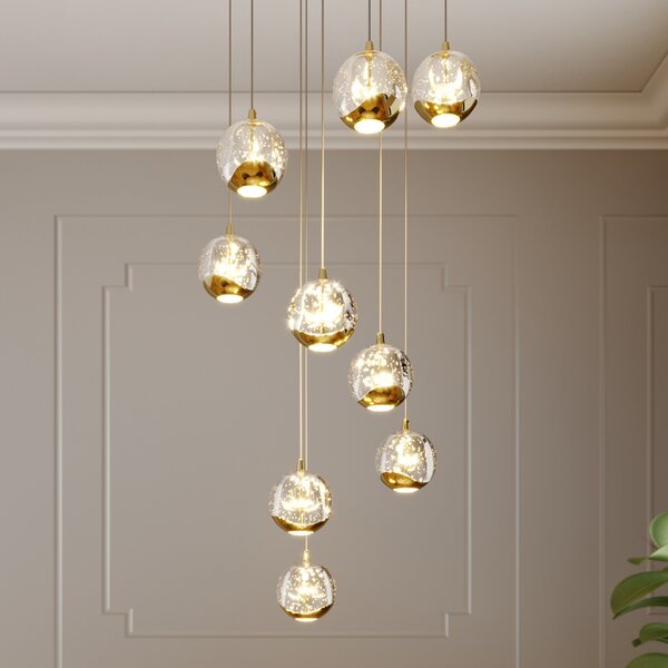 Lucande LED κρεμαστό φωτιστικό Hayley, Ø 40 cm, 9-φωτο, χρυσό, γυαλί, Χρυσό / Ορείχαλκου, Σαλόνι / τραπεζαρία, Γυαλί, σχεδιασμός