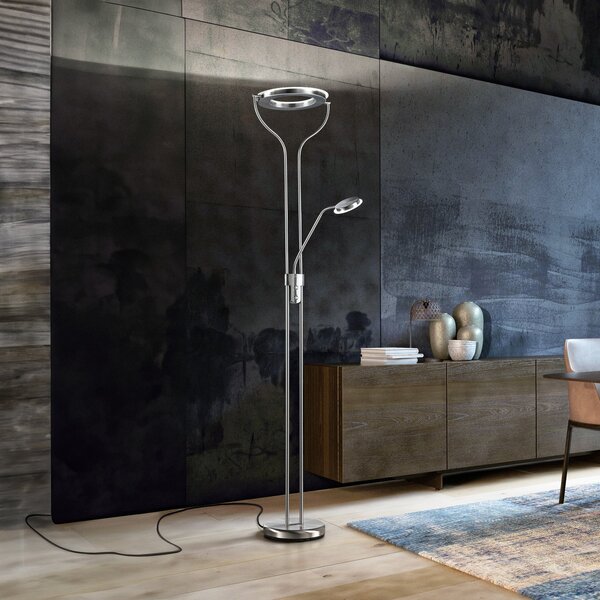 FISCHER & HONSEL Λάμπα δαπέδου LED Davos, χρώμα νικελίου, ύψος 180 cm, 2 φτερά, CCT, ρυθμιζόμενος, Μεταλλικό, Σαλόνι / τραπεζαρία, Μέταλλο, Φως ανάγνωσης