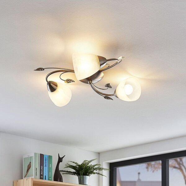 Lindby φωτιστικό οροφής Yannie, 3-φωτο, 50cm, νικέλιο/λευκό, γυαλί, ρυθμιζόμενος, Μεταλλικό, Σαλόνι / τραπεζαρία, Μέταλλο, Αντίκα