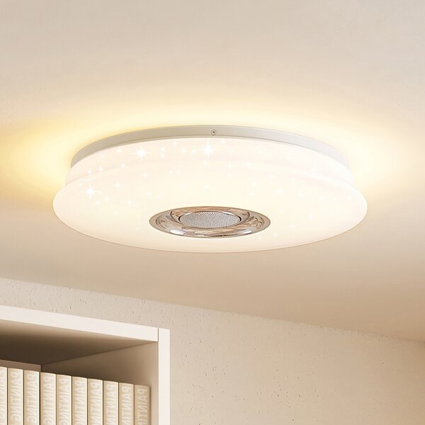 Lindby LED φωτιστικό οροφής Elpida, ηχείο, λευκό, Ø 39cm, ρυθμιζόμενος, Λευκό, Σαλόνι / τραπεζαρία, Πλαστικό, σύγχρονο
