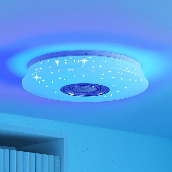 Lindby LED φωτιστικό οροφής Elpida, ηχείο, λευκό, Ø 39cm, ρυθμιζόμενος, Λευκό, Σαλόνι / τραπεζαρία, Πλαστικό, σύγχρονο