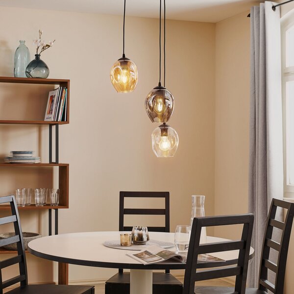 EMIBIG LIGHTING Κρεμαστή λάμπα Starla, γυαλί γραφίτη/κεχριμπαριού/διαφανές, 3 φτερά, στρογγυλή, ρυθμιζόμενος, Μαύρο, Σαλόνι / τραπεζαρία, Γυαλί, σύγχρονο