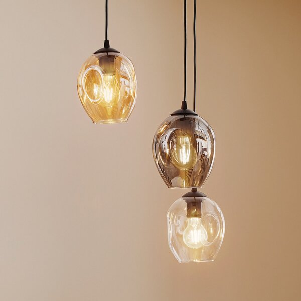 EMIBIG LIGHTING Κρεμαστή λάμπα Starla, γυαλί γραφίτη/κεχριμπαριού/διαφανές, 3 φτερά, στρογγυλή, ρυθμιζόμενος, Μαύρο, Σαλόνι / τραπεζαρία, Γυαλί, σύγχρονο