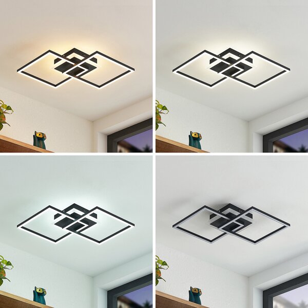 Lindby LED φωτιστικό οροφής Fjardo, γωνιακό, μαύρο, CCT, τηλεχειριστήριο, ρυθμιζόμενος, Μαύρο, Σαλόνι / τραπεζαρία, Μέταλλο, σύγχρονο