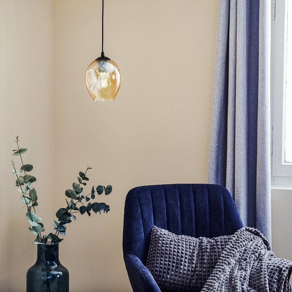 EMIBIG LIGHTING Κρεμαστή λάμπα Starla με μία λάμπα, γυάλινο καπέλο σε χρώμα κεχριμπάρι, ρυθμιζόμενος, Καφέ / Σκουριάς, Σαλόνι / τραπεζαρία, Γυαλί, σύγχρονο