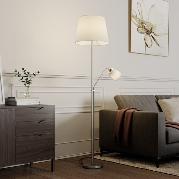 Lindby Φωτιστικό δαπέδου Nantwin, 175 cm, λευκό, νικέλιο, ύφασμα, Λευκό, Σαλόνι / τραπεζαρία, Ύφασμα / Κλωστοϋφαντουργία, σύγχρονο, Φως ανάγνωσης