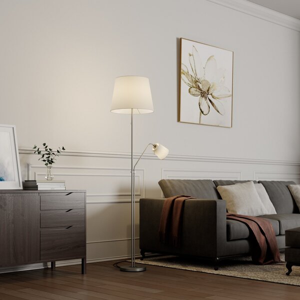 Lindby Φωτιστικό δαπέδου Nantwin, 175 cm, λευκό, νικέλιο, ύφασμα, Λευκό, Σαλόνι / τραπεζαρία, Ύφασμα / Κλωστοϋφαντουργία, σύγχρονο, Φως ανάγνωσης
