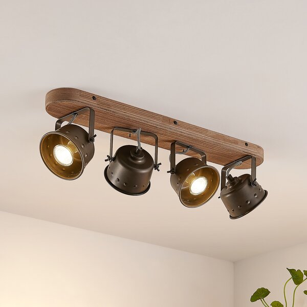 Lindby Προβολέας οροφής Rubinjo, 62 cm, 4-φωτο, ξύλο, GU10, ρυθμιζόμενος, Μαύρο, Σαλόνι / τραπεζαρία, Μέταλλο, Vintage