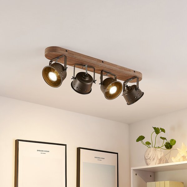 Lindby Προβολέας οροφής Rubinjo, 62 cm, 4-φωτο, ξύλο, GU10, ρυθμιζόμενος, Μαύρο, Σαλόνι / τραπεζαρία, Μέταλλο, Vintage