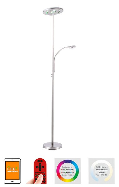 LOLA Smart LED φωτιστικό οροφής LOLAsmart Rocco με βραχίονα ανάγνωσης, ρυθμιζόμενος, Γκρι, Σαλόνι / τραπεζαρία, Μέταλλο, σύγχρονο, Όρθιος προβολέας