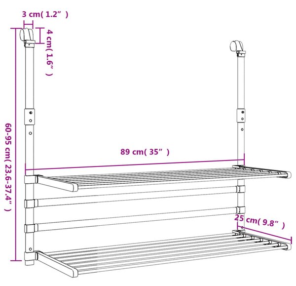 VidaXL Απλώστρα για Μπαλκόνι 89 x 25 x (60-95) εκ. από Αλουμίνιο