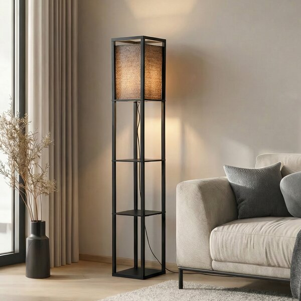 Lindby Φωτιστικό δαπέδου Birta, μαύρο, ράφι, ξύλο, 159 cm, Μαύρο, Σαλόνι / τραπεζαρία, Ξύλο, σύγχρονο