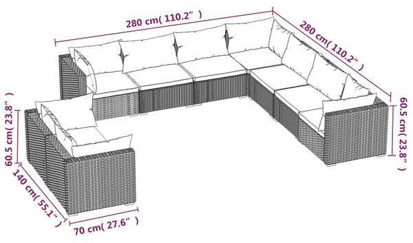 VidaXL Σαλόνι Κήπου Σετ 9 Τεμαχίων Καφέ Συνθετικό Ρατάν με Μαξιλάρια