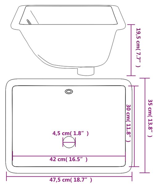 VidaXL Νιπτήρας Μπάνιου Ορθογώνιος Λευκός 47,5x35x19,5 εκ. Κεραμικός