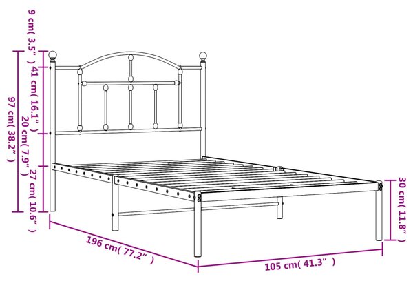 VidaXL Πλαίσιο Κρεβατιού με Κεφαλάρι Μαύρο 100 x 190 εκ. Μεταλλικό