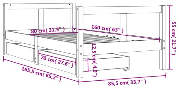 VidaXL Πλαίσιο Παιδικού Κρεβατιού Συρτάρια Λευκό 80x160εκ. Ξύλο Πεύκου