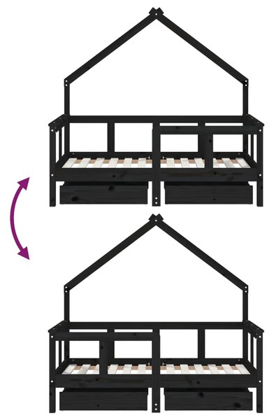 VidaXL Πλαίσιο Παιδικού Κρεβατιού Συρτάρια Μαύρο 70x140εκ. Ξύλο Πεύκου