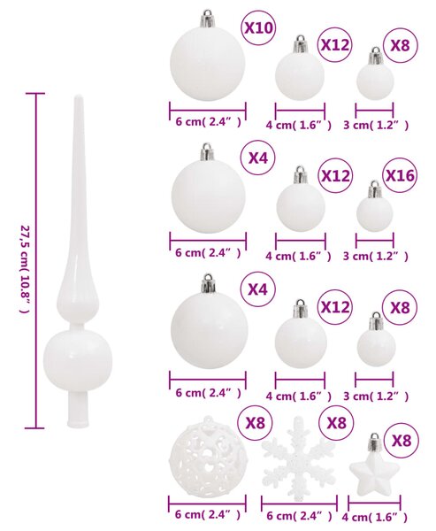 VidaXL Σετ Μπάλες Χριστουγεννιάτικες 111 τεμ. Λευκές από Πολυστυρένιο