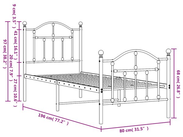 VidaXL Πλαίσιο Κρεβατιού με Κεφαλάρι&Ποδαρικό Μαύρο 75x190 εκ. Μέταλλο