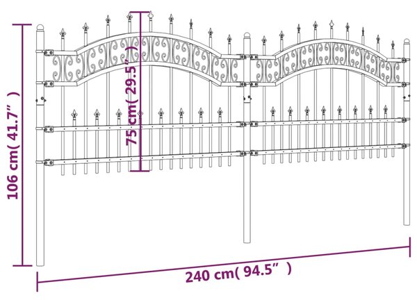 VidaXL Φράχτης με Ακίδες Μαύρος 115 εκ. Ατσάλι Ηλεκτροστ. Βαφή Πούδρας