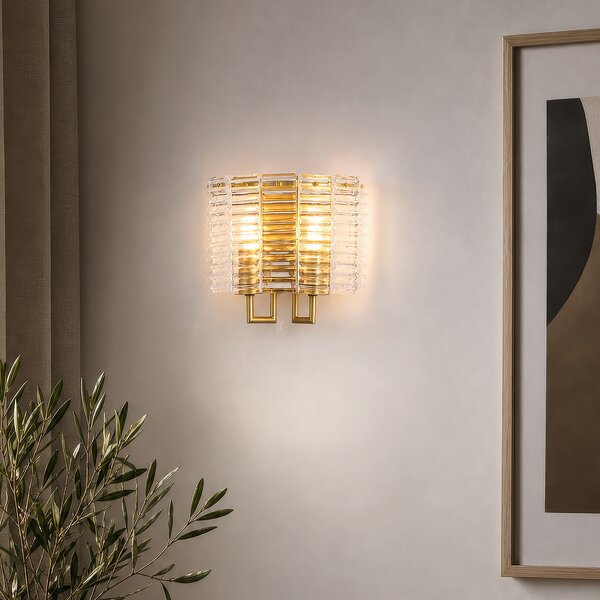 Searchlight Φωτιστικό τοίχου Flute, χρυσό/διαφανές, γυαλί, μέταλλο, E14, ρυθμιζόμενος, Χρυσό / Ορείχαλκου, Σαλόνι / τραπεζαρία, Γυαλί