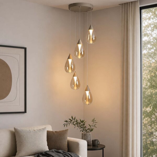 Searchlight Κρεμαστό φωτιστικό LED Pear, 5 λαμπτήρες, στρογγυλό, μπεζ, γυαλί κεχριμπαριού,, ρυθμιζόμενος, Μπεζ, Σαλόνι / τραπεζαρία, Γυαλί, σύγχρονο