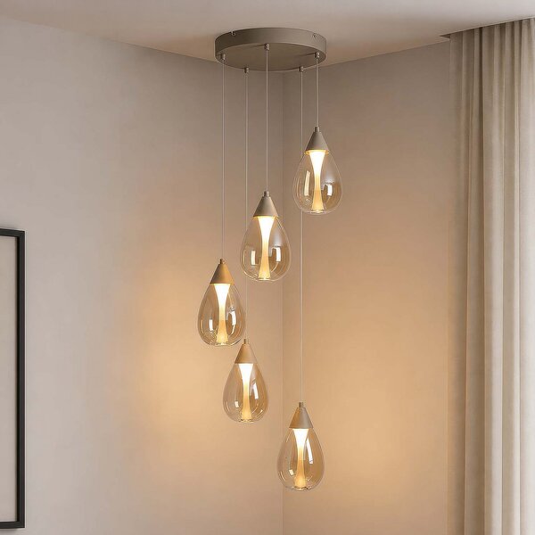 Searchlight Κρεμαστό φωτιστικό LED Pear, 5 λαμπτήρες, στρογγυλό, μπεζ, γυαλί κεχριμπαριού,, ρυθμιζόμενος, Μπεζ, Σαλόνι / τραπεζαρία, Γυαλί, σύγχρονο