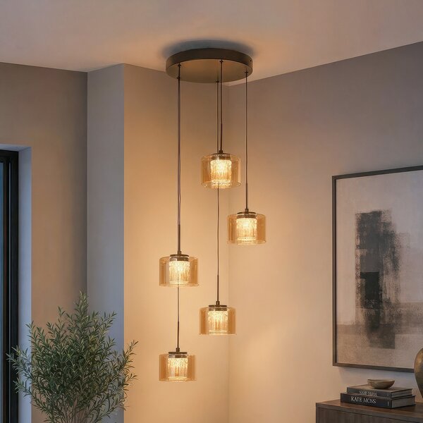 Searchlight Κρεμαστό φωτιστικό LED Tumblers, 5 λαμπτήρες, στρογγυλό, χάλκινο, γυαλί, 3.000 K, ρυθμιζόμενος, Μπρούτζινο / Αντικέ ορείχαλκου, Σαλόνι / τραπεζαρία, Πλαστικό