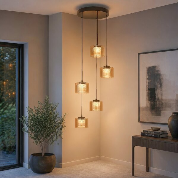 Searchlight Κρεμαστό φωτιστικό LED Tumblers, 5 λαμπτήρες, στρογγυλό, χάλκινο, γυαλί, 3.000 K, ρυθμιζόμενος, Μπρούτζινο / Αντικέ ορείχαλκου, Σαλόνι / τραπεζαρία, Πλαστικό