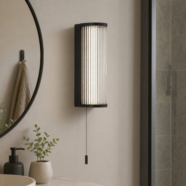 Searchlight Φωτιστικό τοίχου LED Rue, μαύρο, IP44, μέταλλο, γυαλί, 3.000 K, ρυθμιζόμενος, Μαύρο, Μπάνιο, Μέταλλο