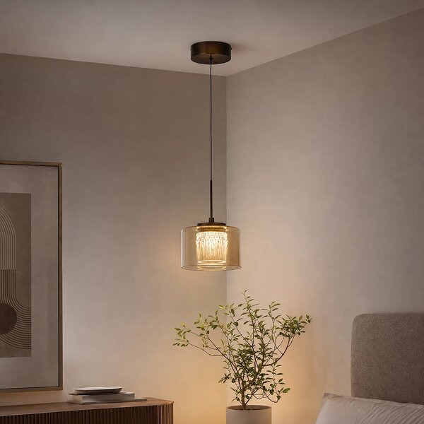 Searchlight Κρεμαστό φωτιστικό LED Tumblers, 1 λάμπα, χάλκινο, γυαλί, 3.000 K, ρυθμιζόμενος, Μπρούτζινο / Αντικέ ορείχαλκου, Σαλόνι / τραπεζαρία, Πλαστικό