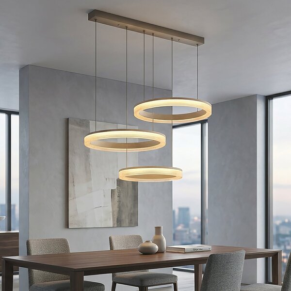Searchlight Κρεμαστό φωτιστικό LED Lumen Rings 3-fl. άμμος, CCT, σίδερο, με δυνατότητα, ρυθμιζόμενος, Μπεζ, Σαλόνι / τραπεζαρία, Μέταλλο, σύγχρονο