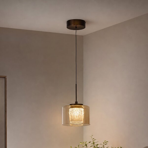 Searchlight Κρεμαστό φωτιστικό LED Tumblers, 1 λάμπα, χάλκινο, γυαλί, 3.000 K, ρυθμιζόμενος, Μπρούτζινο / Αντικέ ορείχαλκου, Σαλόνι / τραπεζαρία, Πλαστικό