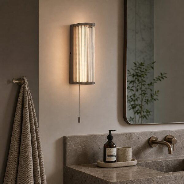Searchlight Φωτιστικό τοίχου LED Rue, χάλκινο, IP44, μέταλλο, γυαλί, 3.000 K, ρυθμιζόμενος, Μπρούτζινο / Αντικέ ορείχαλκου, Μπάνιο, Μέταλλο